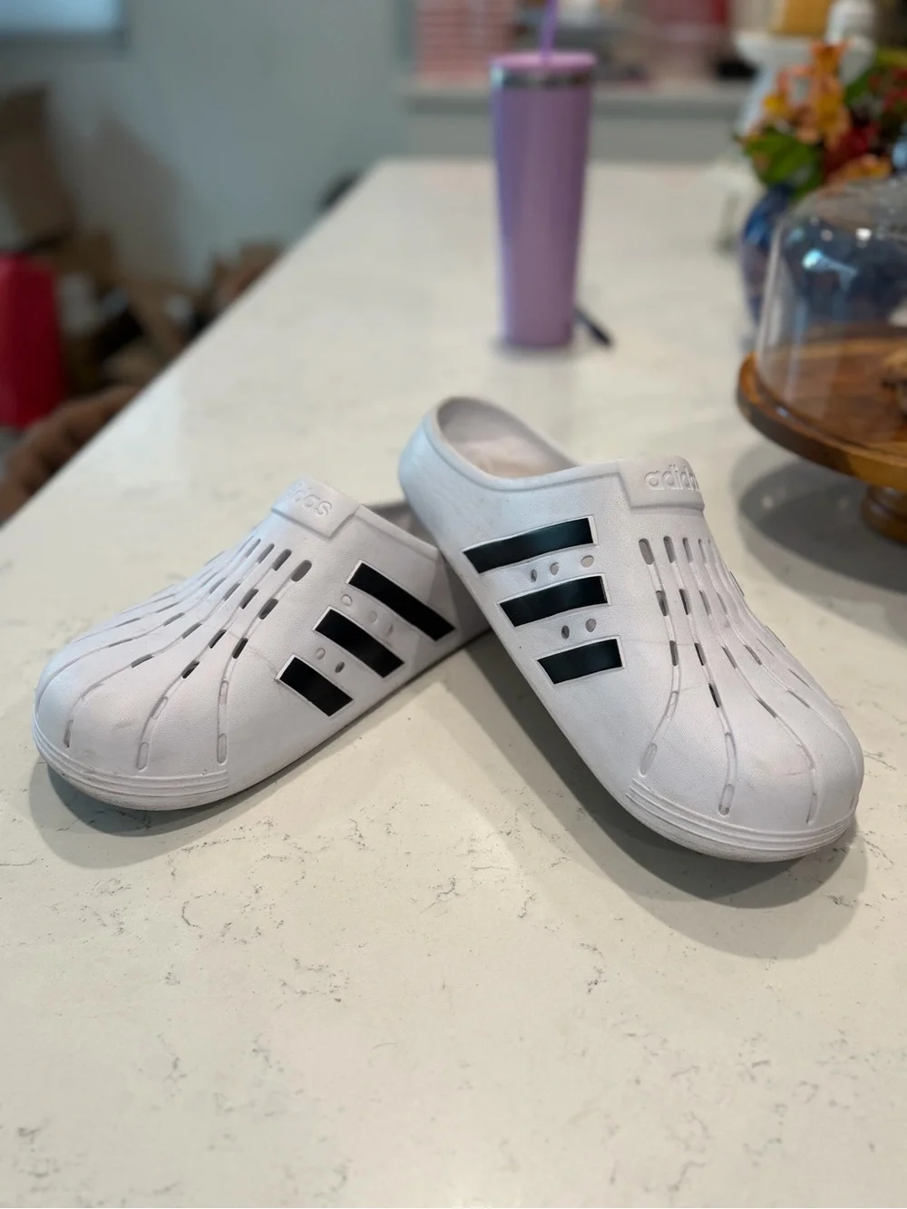 adidas Kids White Slip-On Clogs with Black Stripes